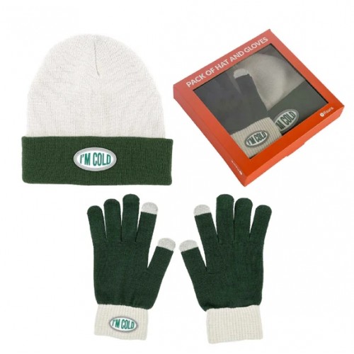 Pack de gorro y guantes “I’m cold” verde y gris